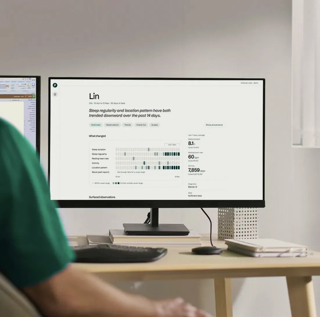 The Polarity clinician view on a desk monitor in a clinic office, with example data