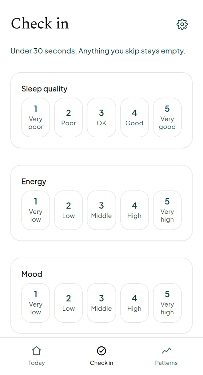 The check-in in the Polarity app: sleep quality, energy and mood on a scale from 1 to 5