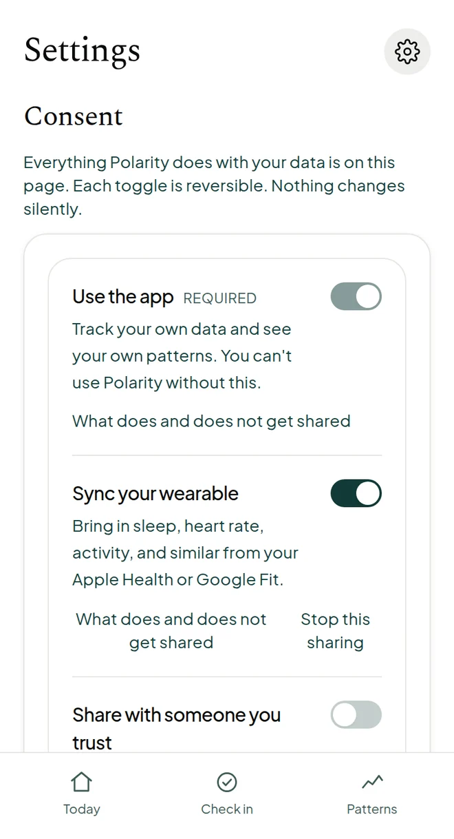 The consent page in the Polarity app, with a separate switch for each kind of sharing